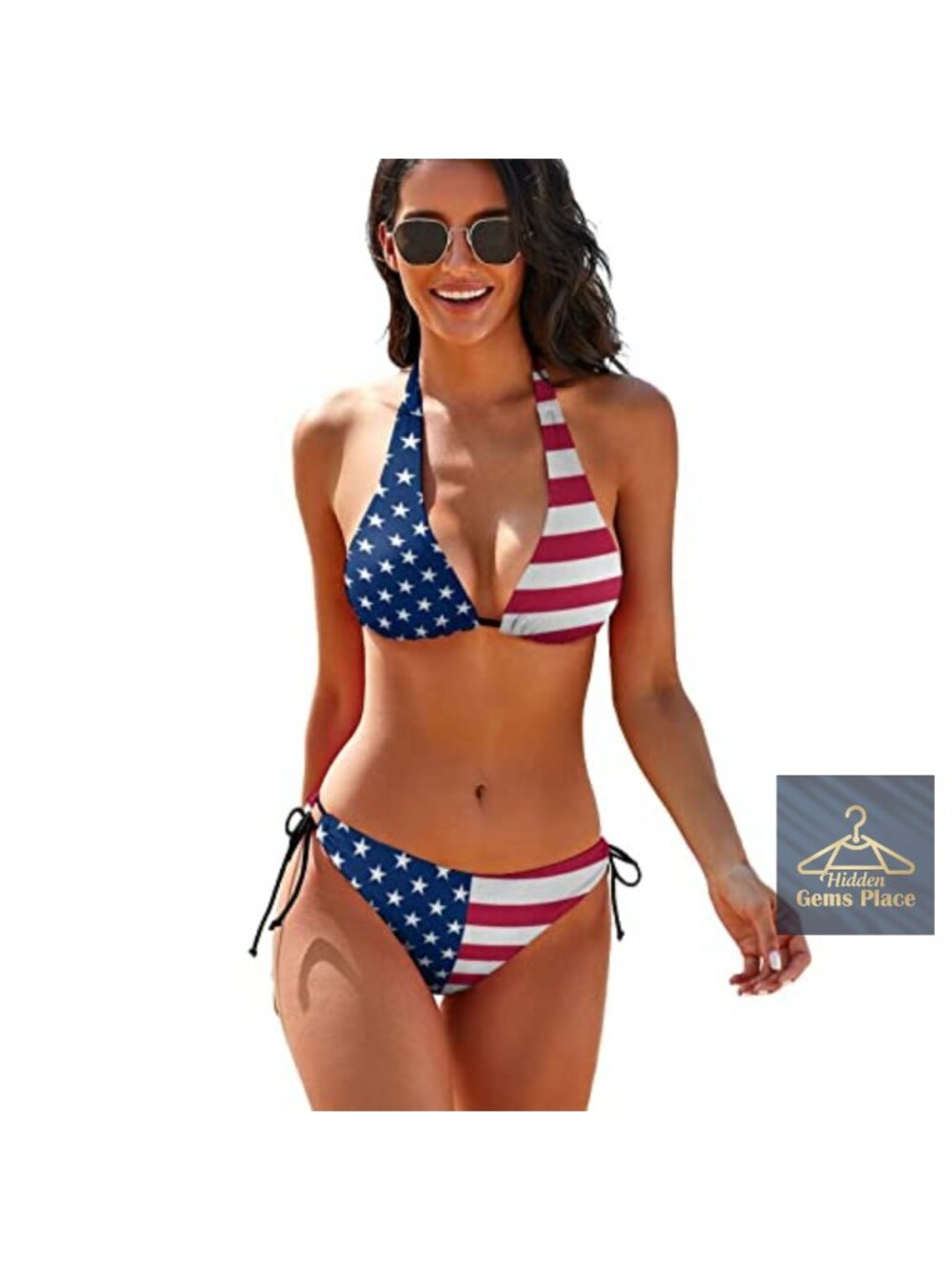 Women's Patriotic Bikini Set Halter Thong Swimsuit 2 Piece Sling String